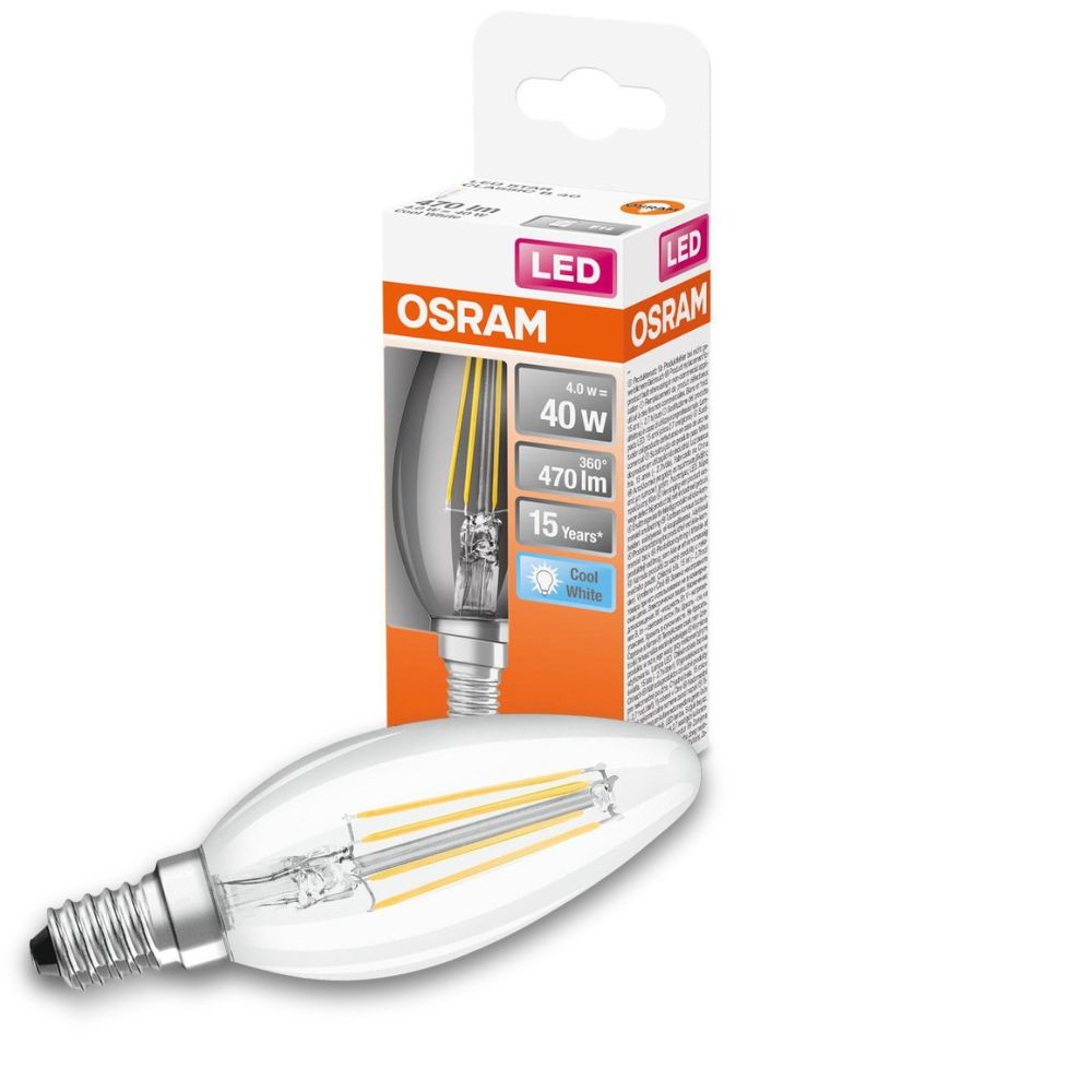 Osram LED Lampe ersetzt 40W E14 Kerze - B35 in Transparent 4W 470lm 4000K 1er Pack