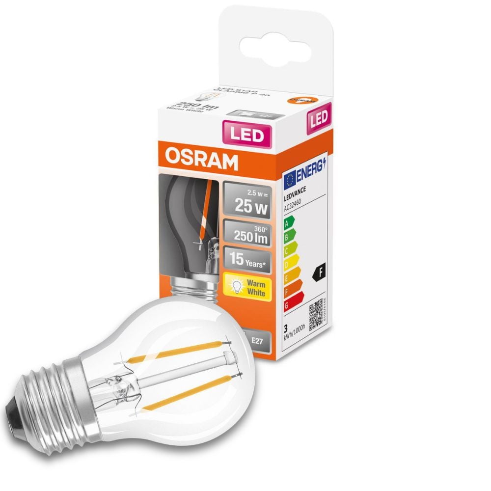 Osram LED Lampe ersetzt 25W E27 Tropfen - P45 in Transparent 2,5W 250lm 2700K 1er Pack