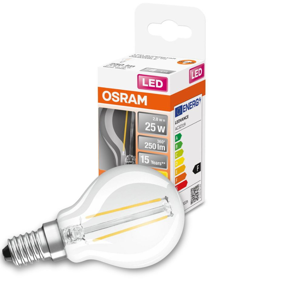 Osram LED Lampe ersetzt 25W E14 Tropfen - P45 in Transparent 2,8W 250lm 2700K dimmbar 1er Pack