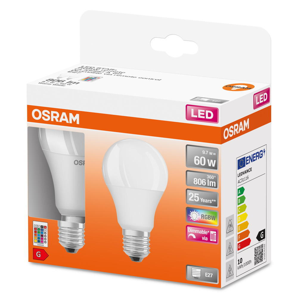 Osram LED Lampe ersetzt 60W E27 Birne - A60 in Wei 9,7W 806lm 2700K dimmbar 2er Pack