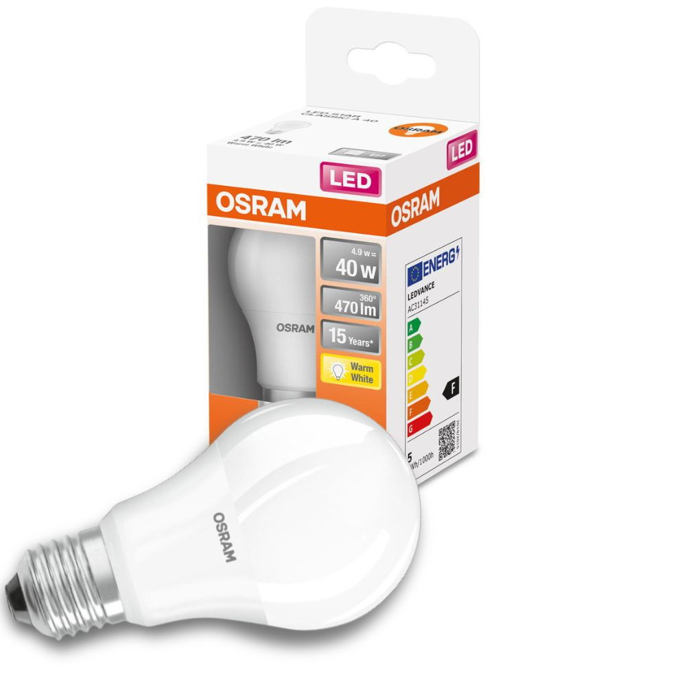 Osram LED Lampe ersetzt 40W E27 Birne - A60 in Weiß 4,9W 470lm 2700K 1er Pack