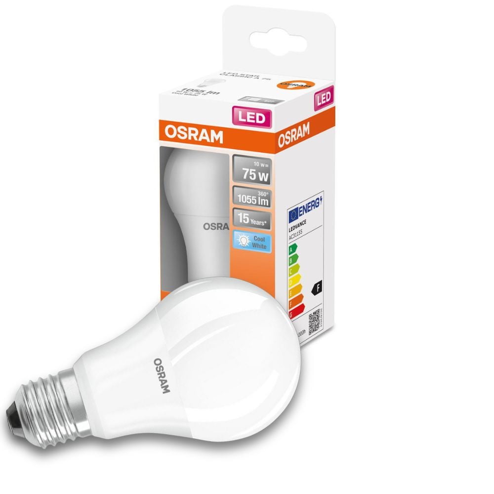 Osram LED Lampe ersetzt 75W E27 Birne - A60 in Weiß 10W 1055lm 4000K 1er Pack