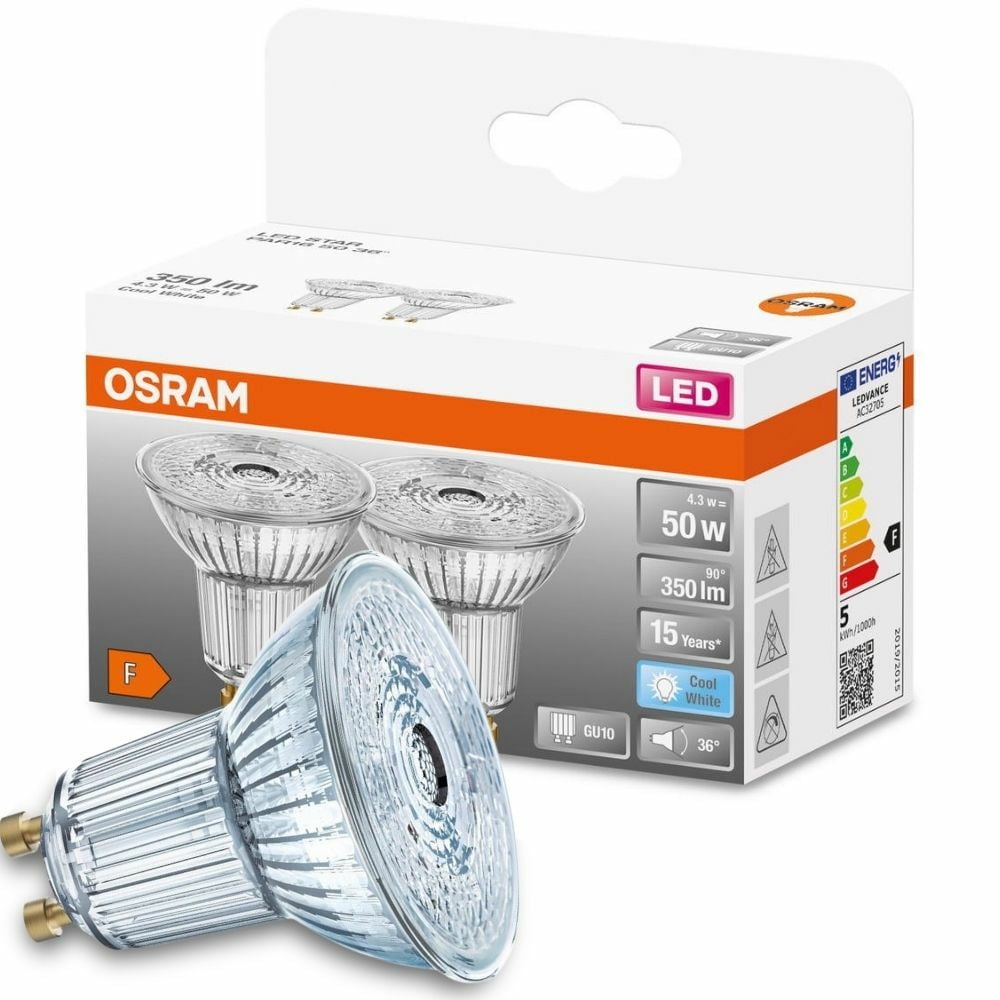 Osram LED Lampe ersetzt 50W Gu10 Reflektor - Par16 in Transparent 4,3W 350lm 4000K 2er Pack