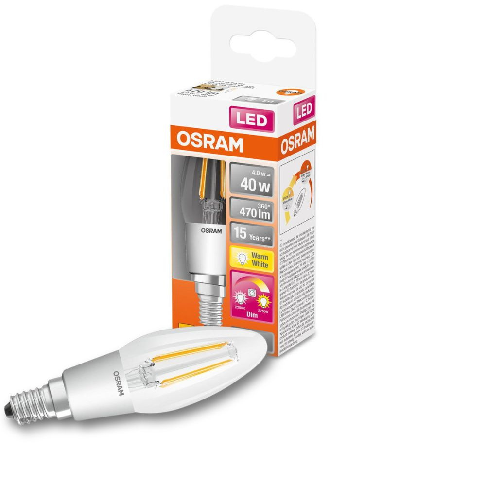 Osram LED Lampe ersetzt 40W E14 Kerze - B35 in Transparent 4W 470lm 2200 bis 2700K dimmbar 1er Pack