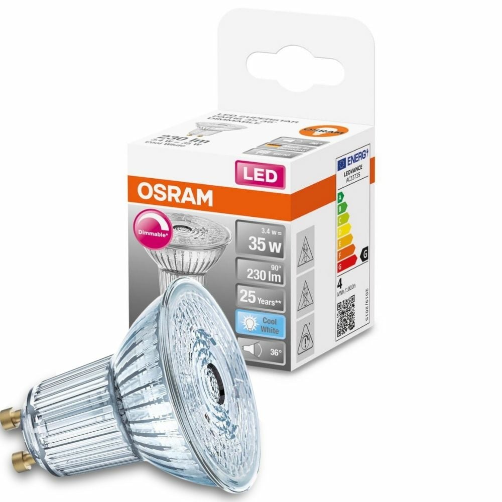 Osram LED Lampe ersetzt 35W Gu10 Reflektor - Par16 in Transparent 3,4W 230lm 4000K dimmbar 1er Pack