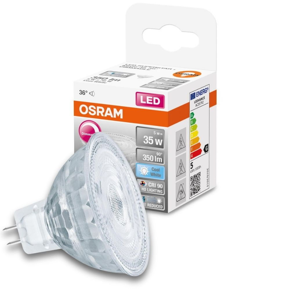 Osram LED Lampe ersetzt 35W Gu5.3 Reflektor - Mr16 in Transparent 5W 350lm 4000K dimmbar 1er Pack