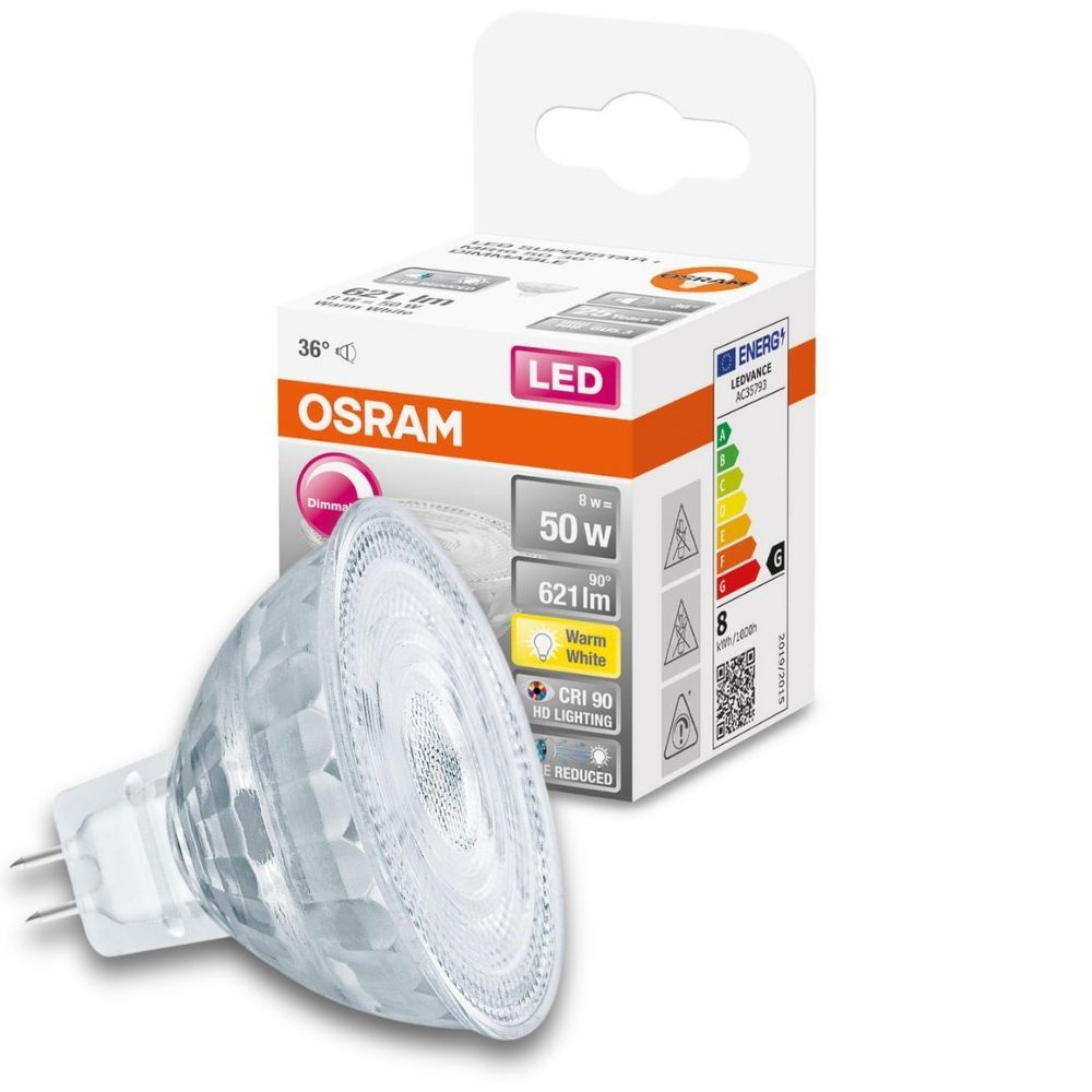 Osram LED Lampe ersetzt 50W Gu5.3 Reflektor - Mr16 in Transparent 8W 621lm 2700K dimmbar 1er Pack