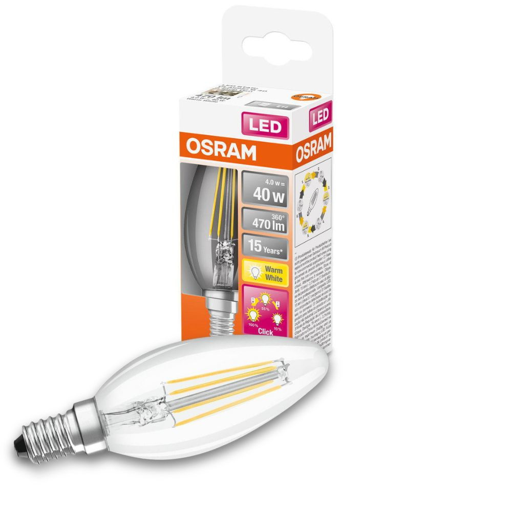 Osram LED Lampe ersetzt 40W E14 Kerze - B35 in Transparent 4W 470lm 2700K dimmbar 1er Pack