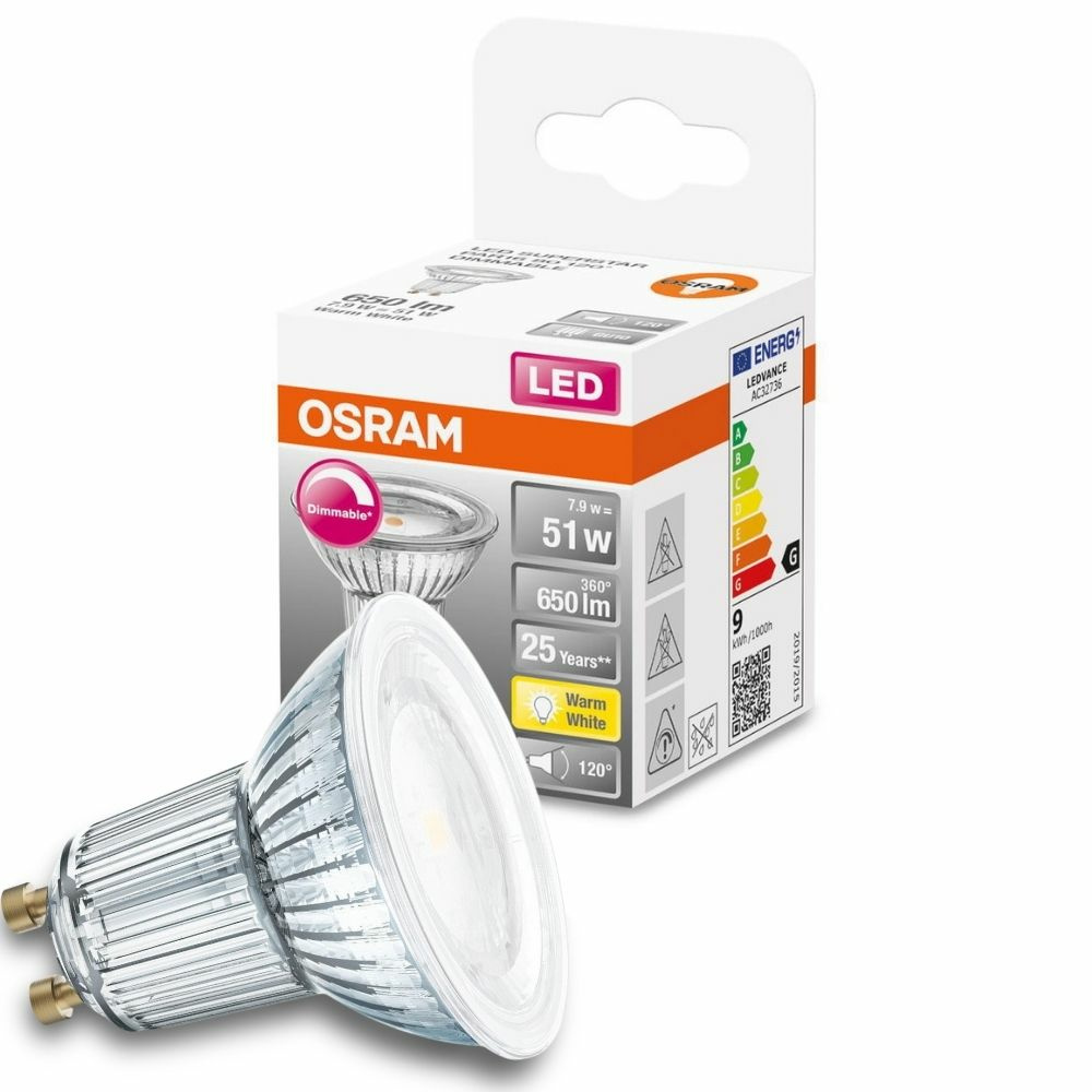 Osram LED Lampe ersetzt 51W Gu10 Reflektor - Par16 in Transparent 7,9W 650lm 2700K dimmbar