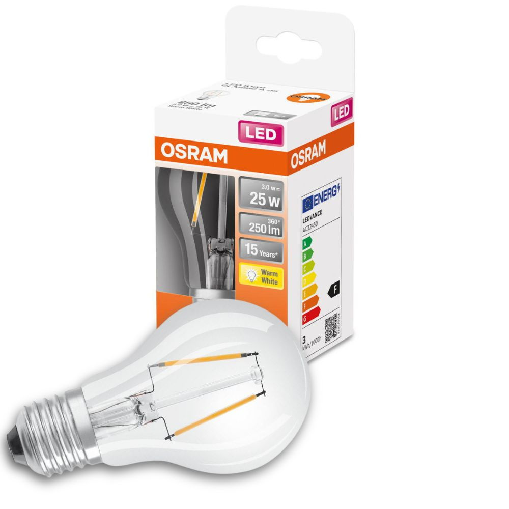 Osram LED Lampe ersetzt 25W E27 Birne - A60 in Transparent 2,5W 250lm 2700K