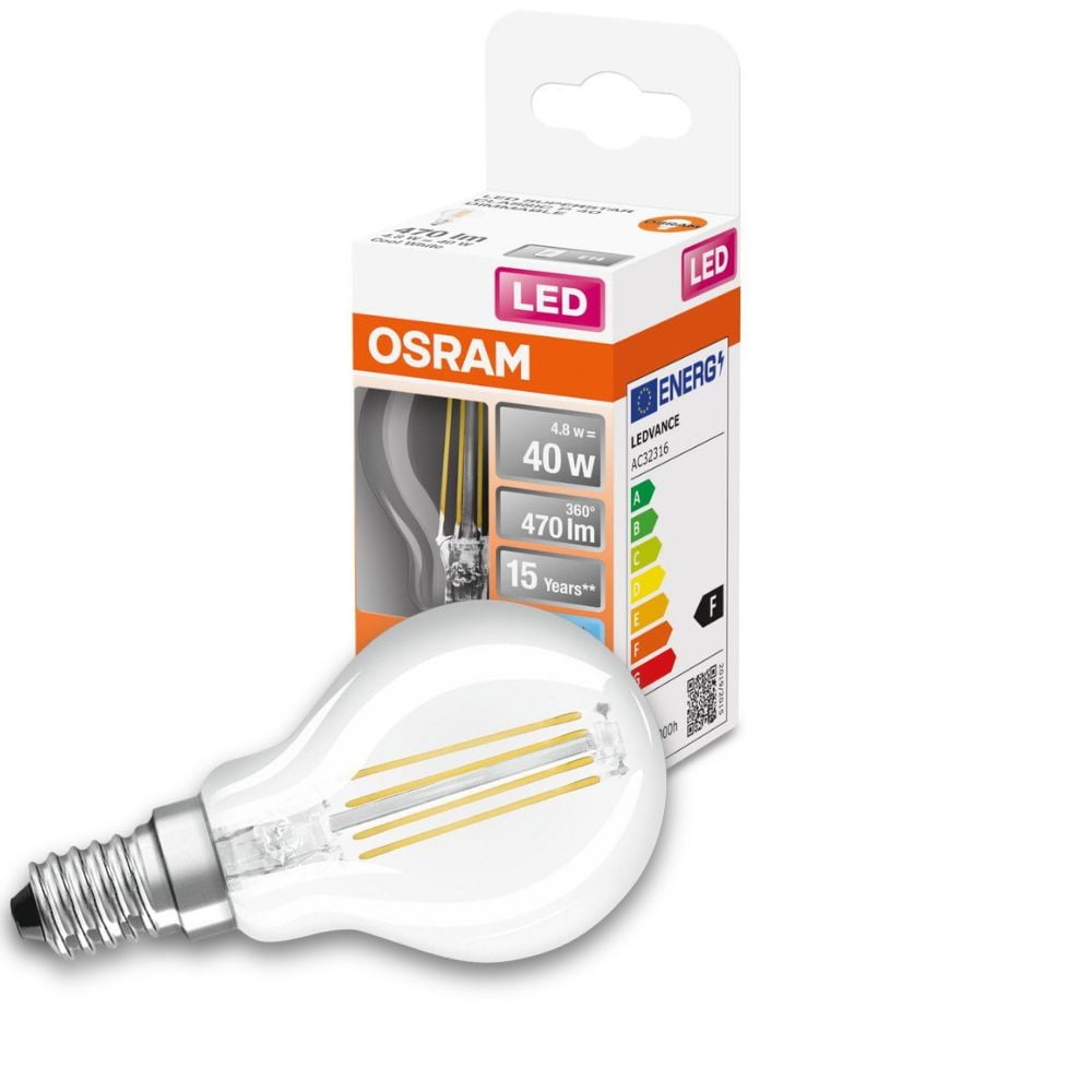 Osram LED Lampe ersetzt 40W E14 Tropfen - P45 in Transparent 4,8W 470lm 4000K dimmbar