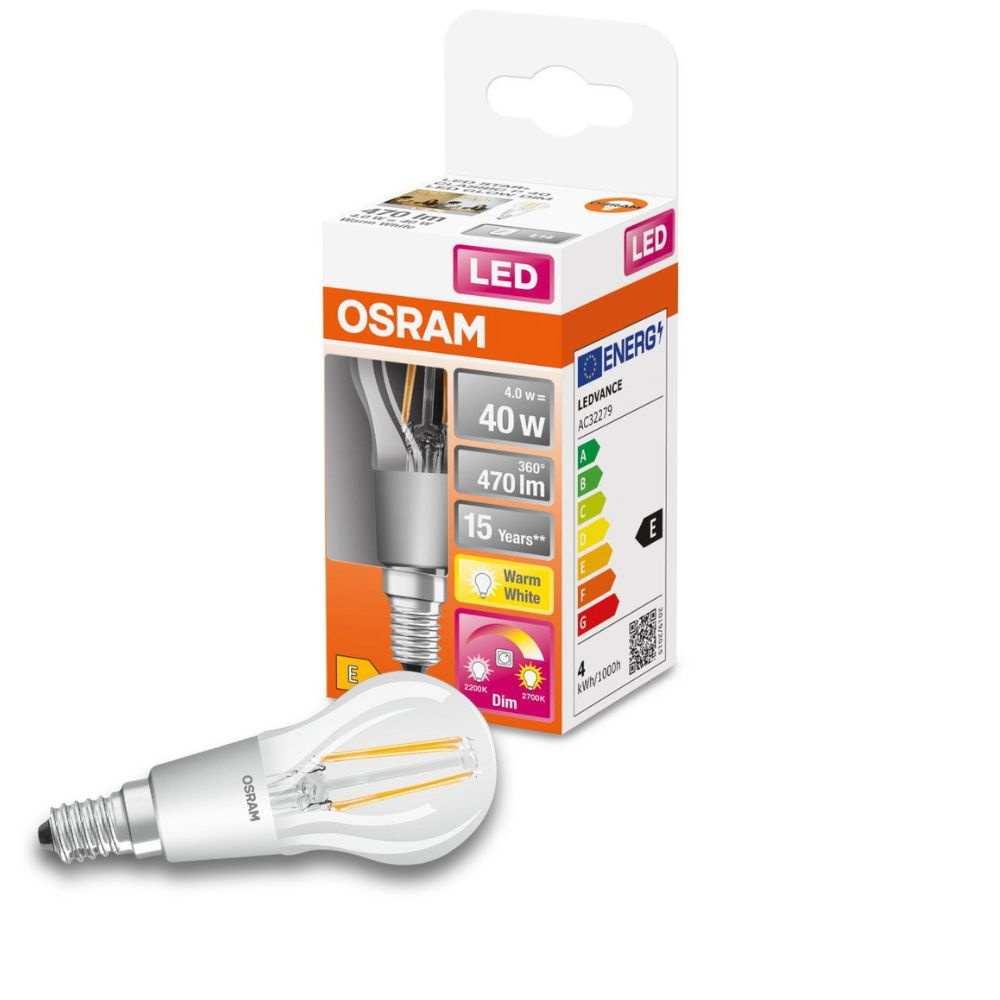 Osram LED Lampe ersetzt 40W E14 Tropfen - P45 in Transparent 4W 470lm 2200 bis 2700K dimmbar