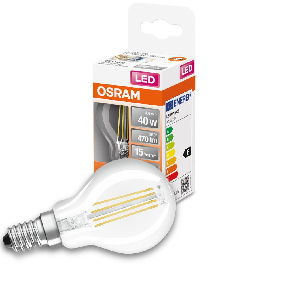 Osram LED Lampe ersetzt 40W E14 Tropfen - P45 in Transparent 4W 470lm 2700 bis 4000K