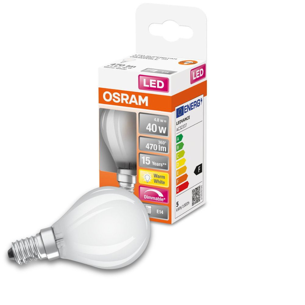 Osram LED Lampe ersetzt 40W E14 Tropfen - P45 in Wei 4,8W 470lm 2700K dimmbar