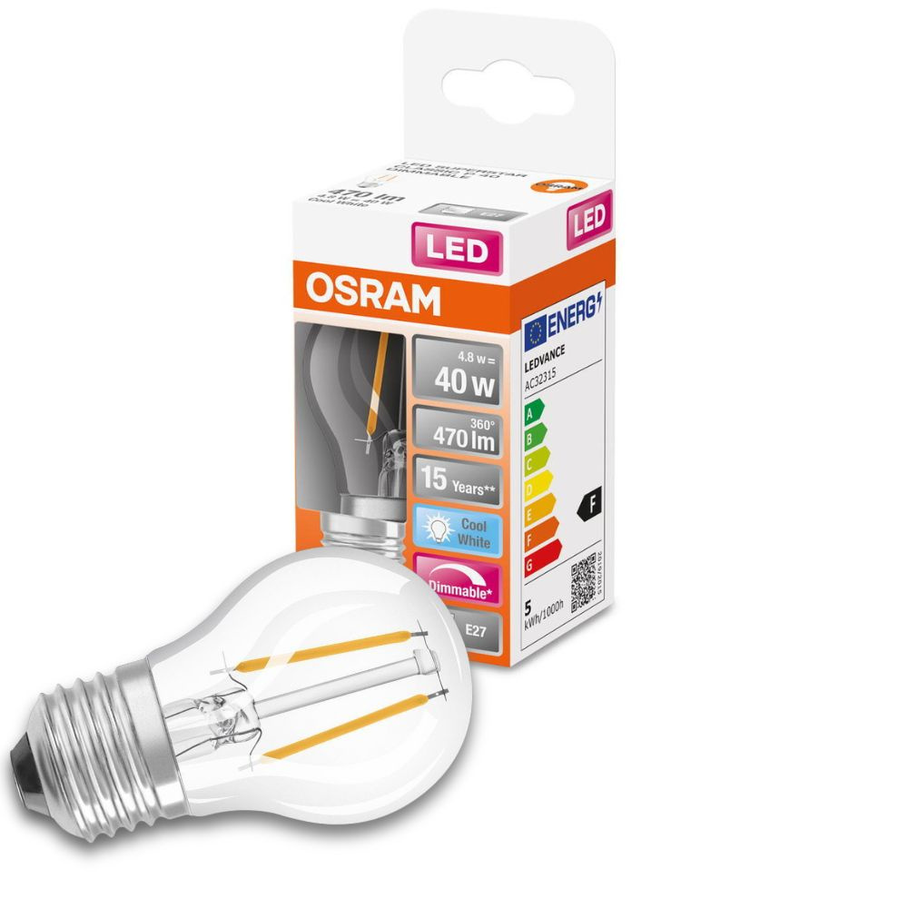 Osram LED Lampe ersetzt 40W E27 Tropfen - P45 in Transparent 4,8W 470lm 4000K dimmbar