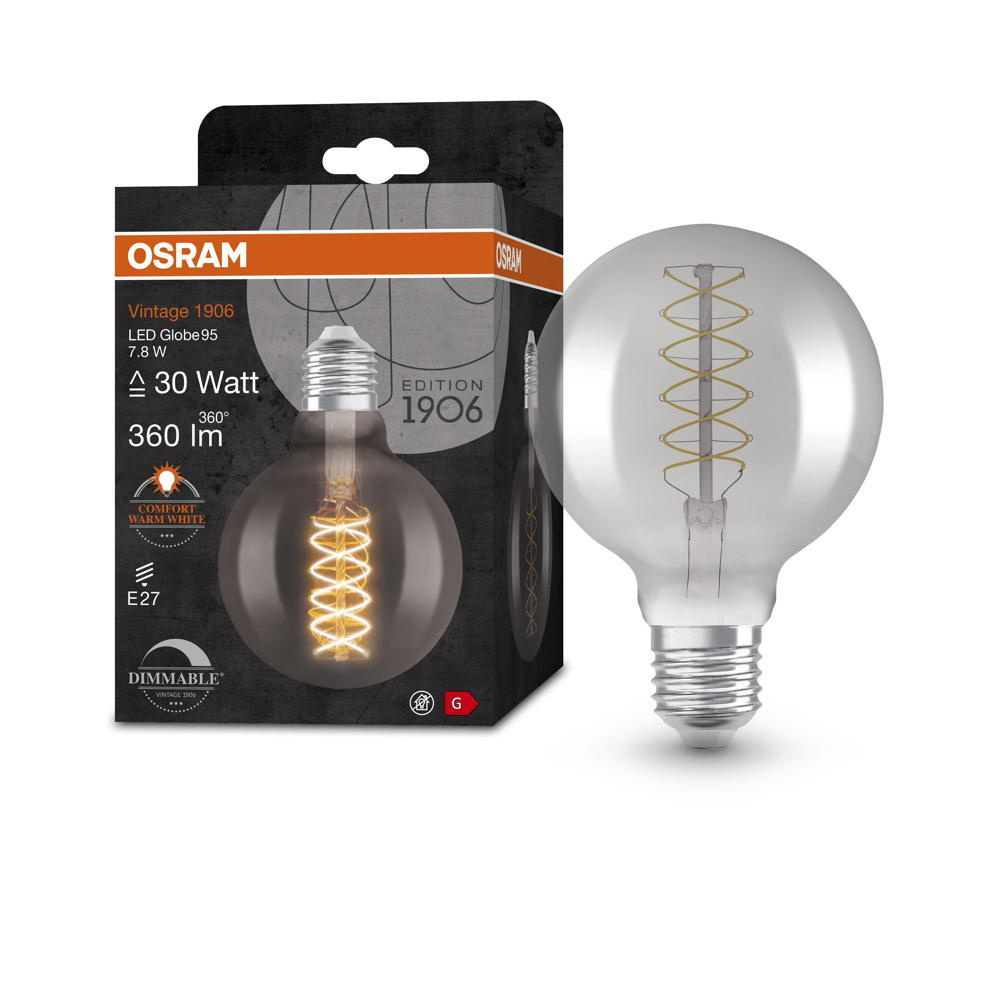 Osram LED Lampe ersetzt 30W E27 Globe - G95 in Grau 7,8W 360lm 1800K dimmbar 1er Pack