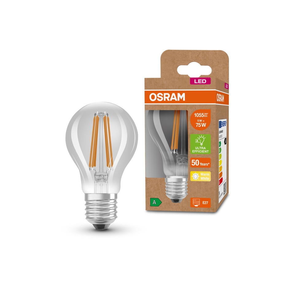 Osram LED Lampe ersetzt 75W E27 Birne - A60 in Transparent 5W 1055lm 3000K 1er Pack