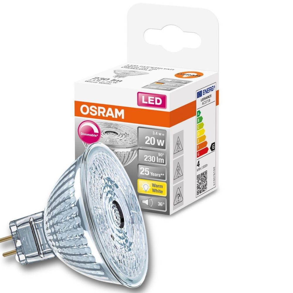 Osram LED Lampe ersetzt 20W Gu5.3 Reflektor - Mr16 in Transparent 3,4W 230lm 2700K dimmbar 1er Pack