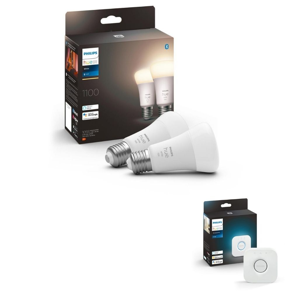 Philips Hue Bluetooth White LED E27 Birne - A60 9,5W 1055lm Doppelpack inkl. Bridge