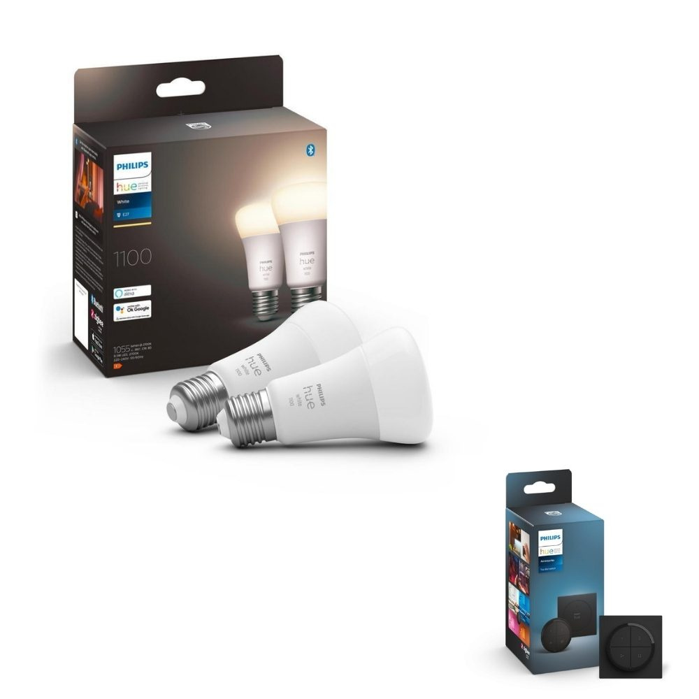 Philips Hue Bluetooth White LED E27 Birne - A60 9,5W 1055lm Doppelpack inkl. Tap Dial Schalter in Schwarz