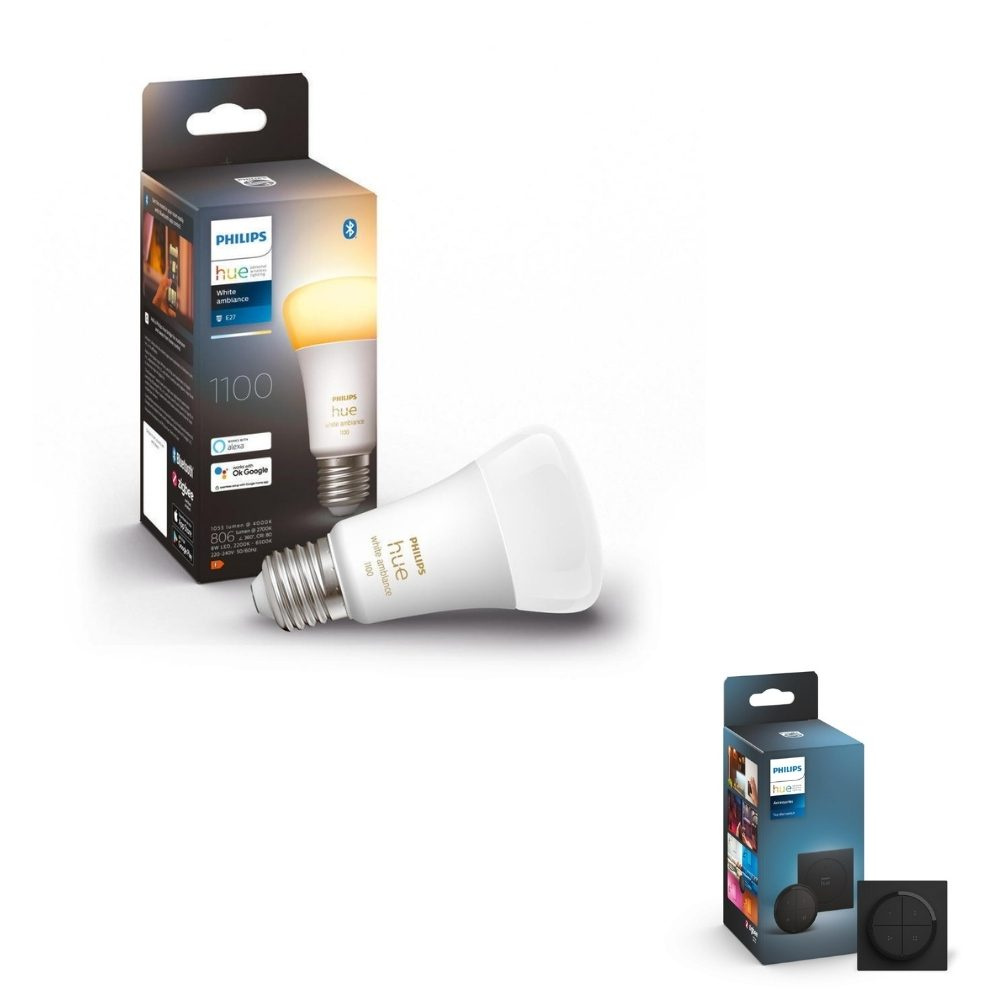 Philips Hue Bluetooth White Ambiance LED E27 Birne - A60 8W 1100lm Einerpack inkl. Tap Dial Schalter in Schwarz