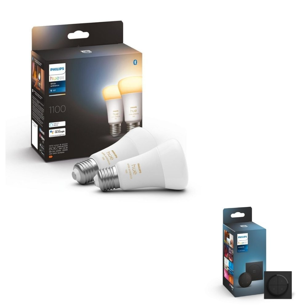 Philips Hue Bluetooth White Ambiance LED E27 Birne - A60 8W 1100lm Doppelpack inkl. Tap Dial Schalter in Schwarz