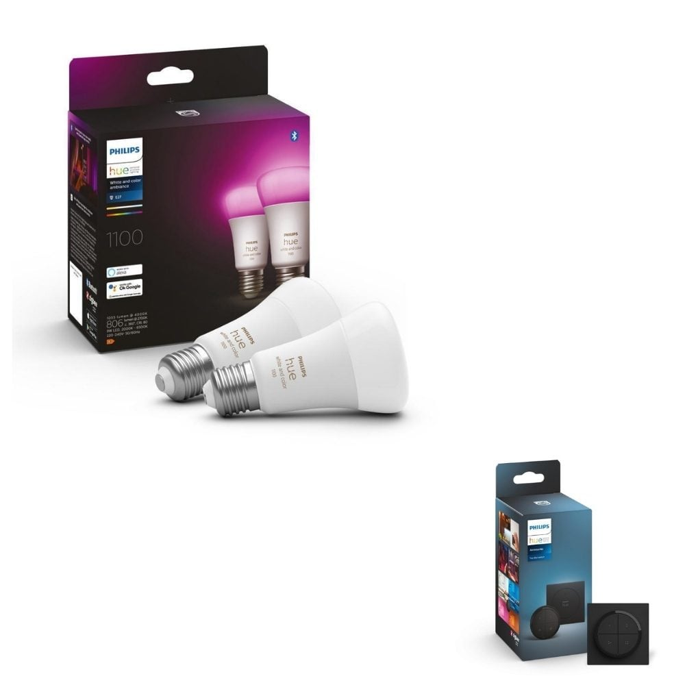 Philips Hue Bluetooth White & Color Ambiance LED E27 Birne - A60 8W 1100lm Doppelpack inkl. Tap Dial Schalter in Schwarz