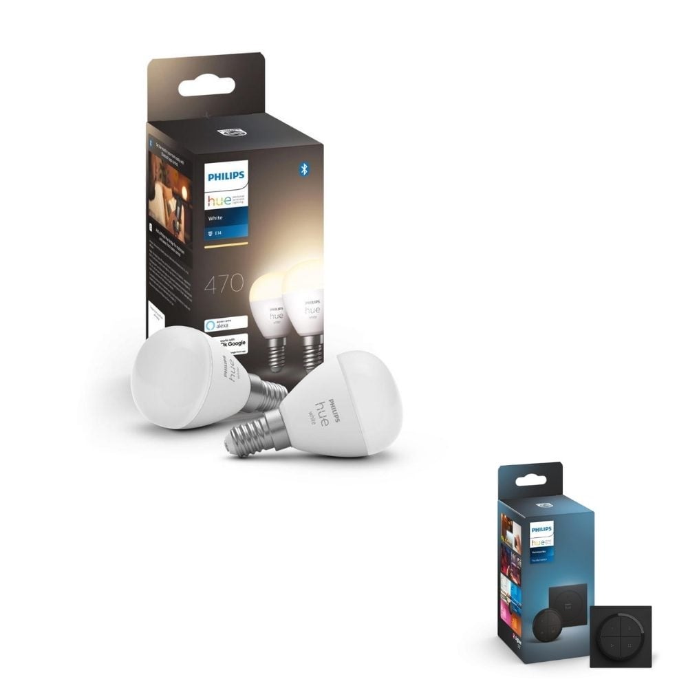 Philips Hue Bluetooth White LED E14 Tropfen - P45 5,7W 470lm Doppelpack inkl. Tap Dial Schalter in Schwarz