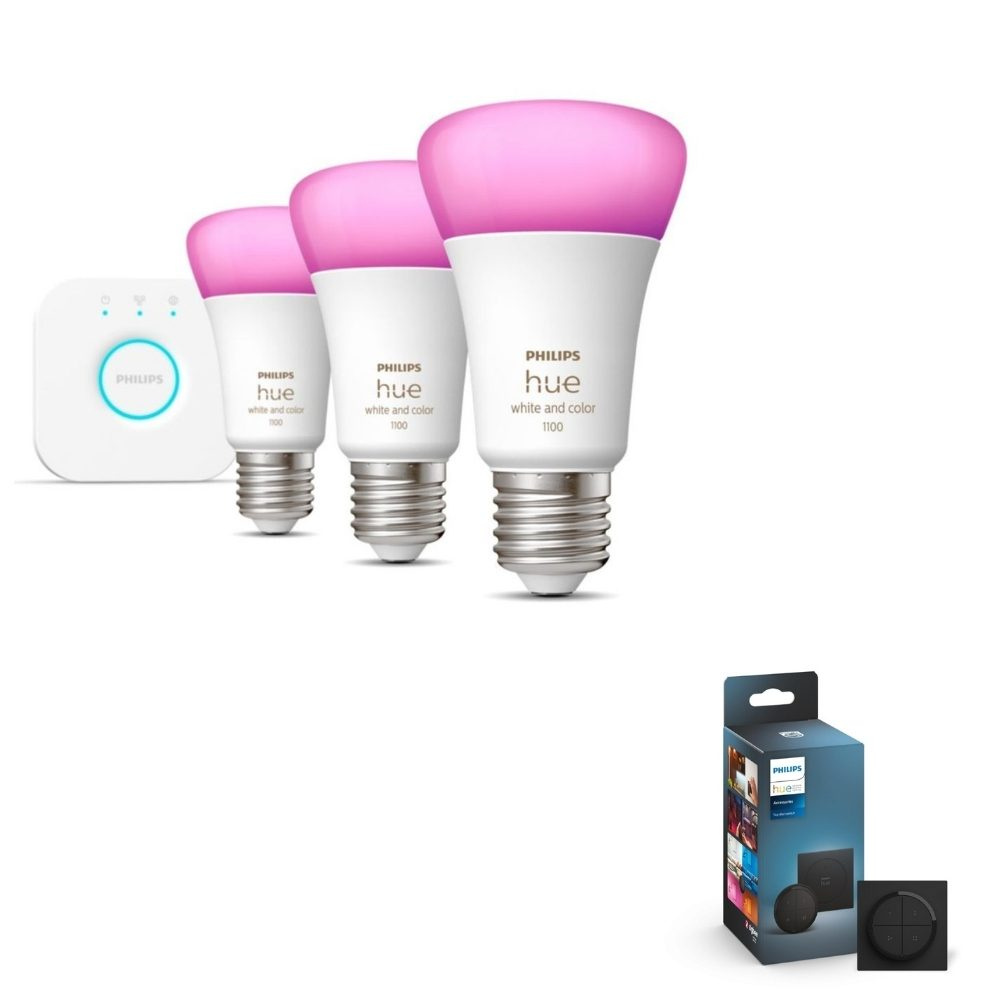 Philips Hue Bluetooth White & Color Ambiance LED E27 75W 800lm Dreierpack inkl. Bridge inkl. Tap Dial Schalter in Schwarz