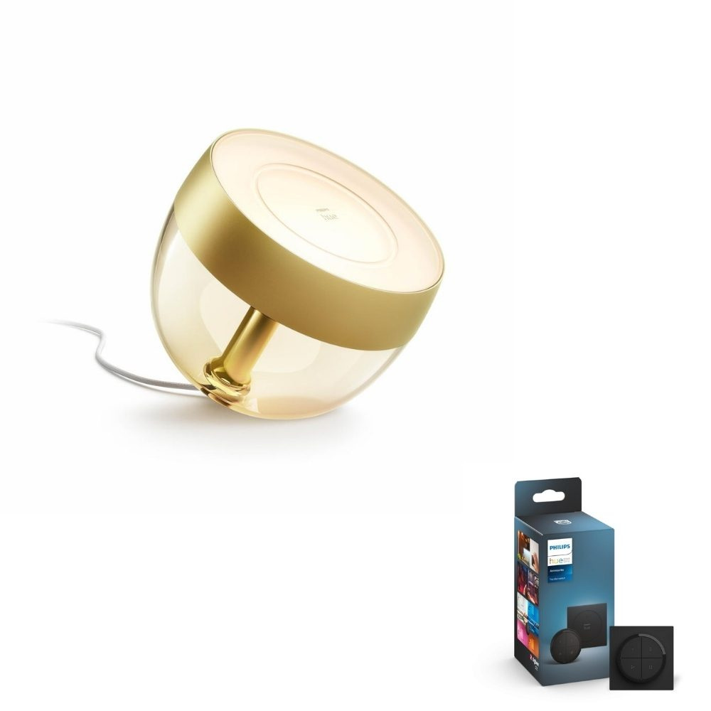 Philips Hue Bluetooth White Ambiance LED Tischleuchte Iris Special Edition in Gold un Transparent 8,2W 570lm inkl. Tap Dial Schalter in Schwarz