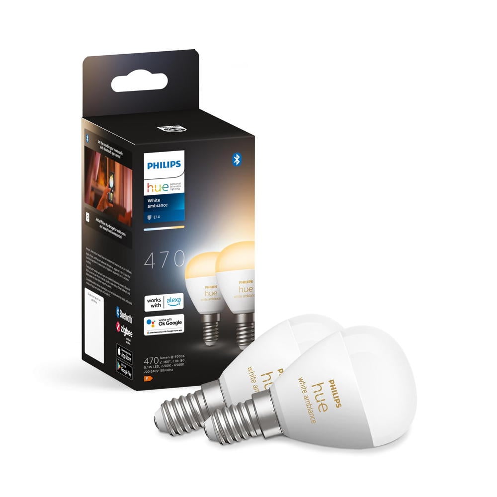 Philips Hue White Ambiance LED E14 Kugel in Wei 5,1W 370lm Zweierpack