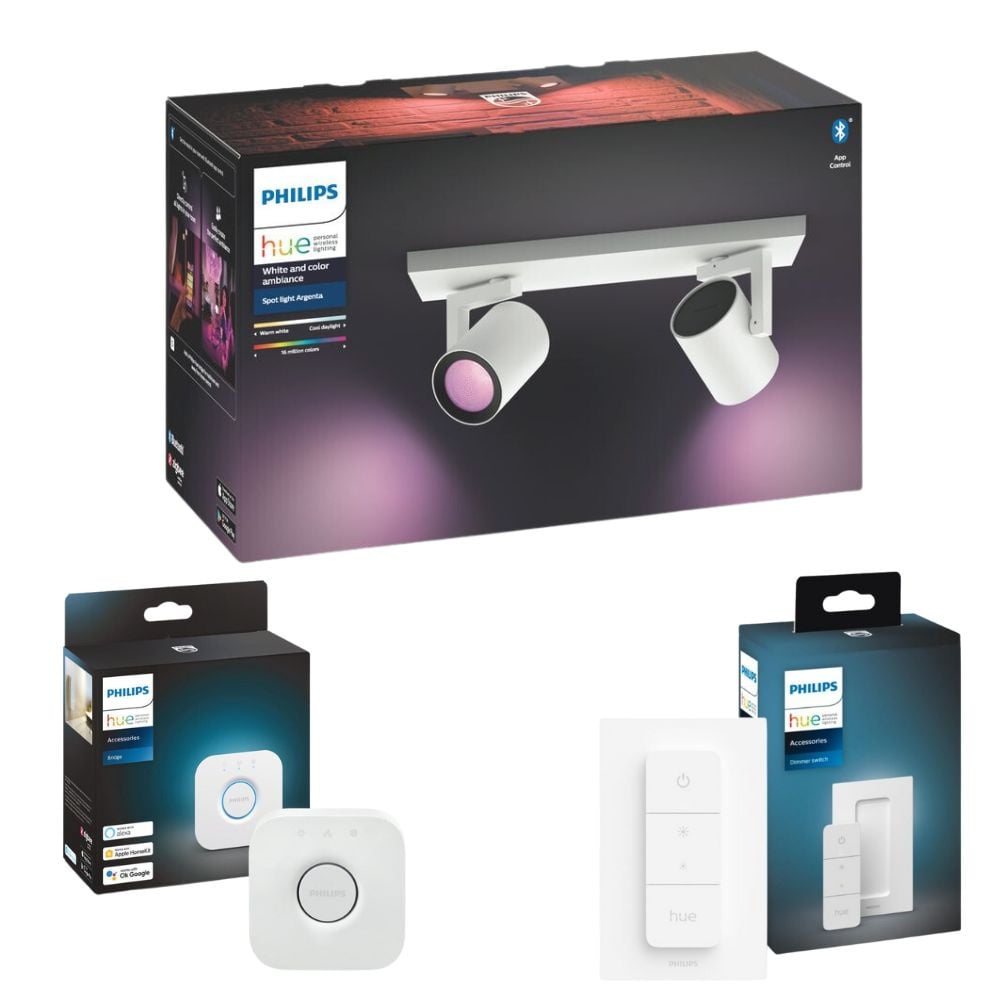 Philips Hue Bluetooth White & Color Ambiance Argenta - Spot Wei 2-flammig inkl. Bridge und Dimmschalter