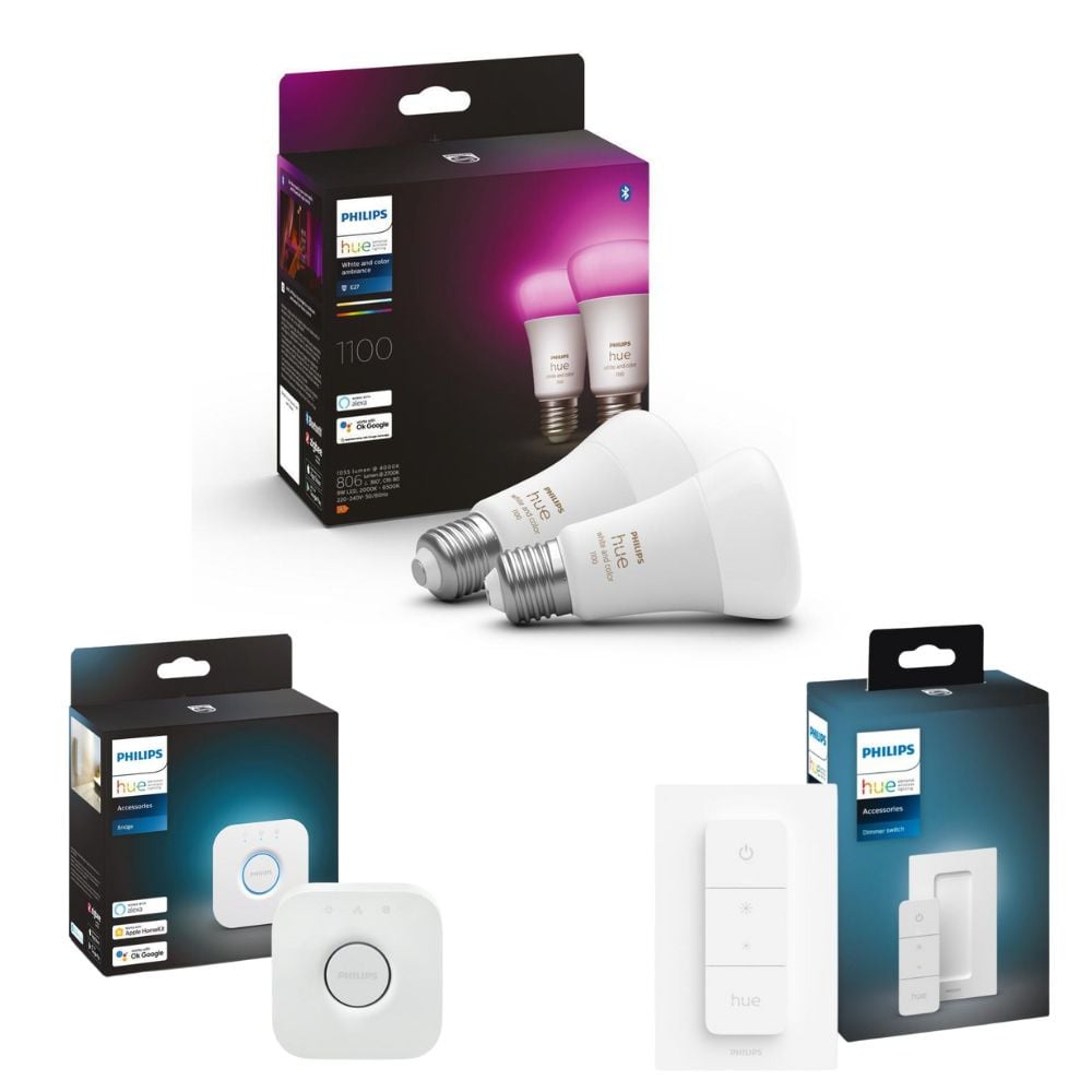 Philips Hue Bluetooth White & Color Ambiance LED E27 Birne - A60 8W 1100lm Doppelpack inkl. Bridge und Dimmschalter