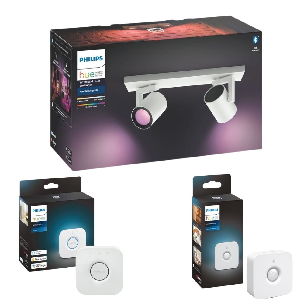 Philips Hue Bluetooth White & Color Ambiance Argenta - Spot Wei 2-flammig inkl. Bridge und Bewegungsmelder
