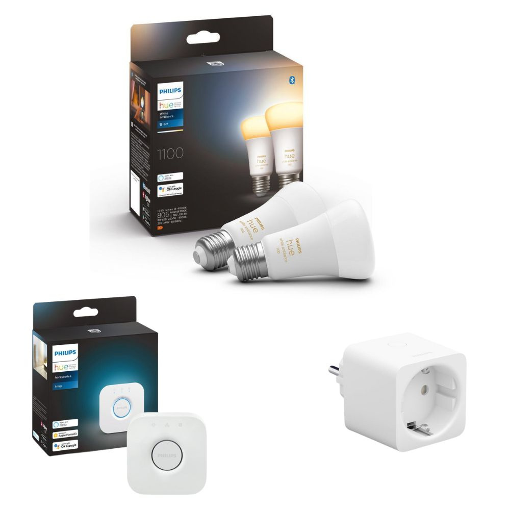 Philips Hue Bluetooth White Ambiance LED E27 Birne - A60 8W 1100lm Doppelpack inkl. Bridge und Smart Plug