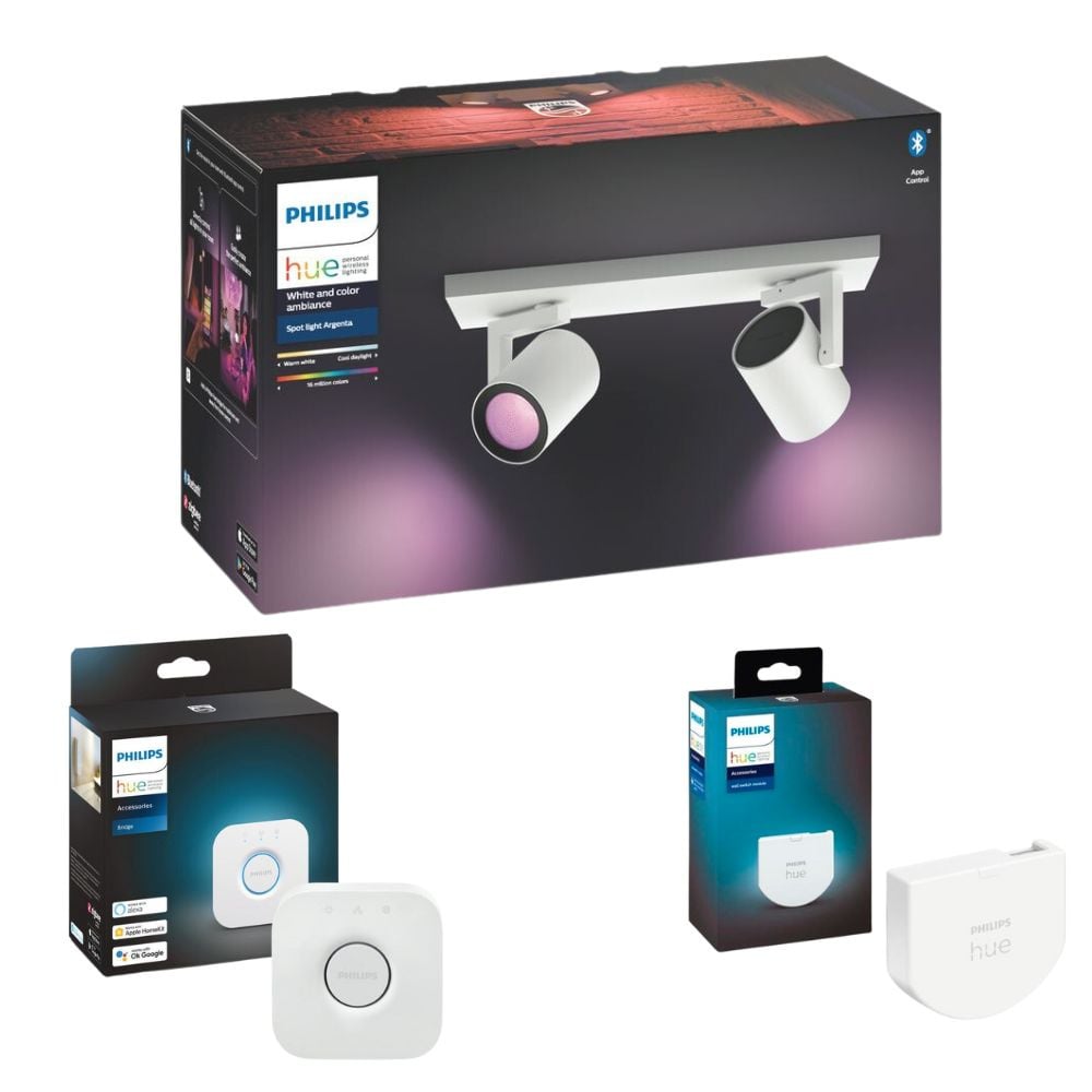 Philips Hue Bluetooth White & Color Ambiance Argenta - Spot Wei 2-flammig inkl. Bridge und Wandschaltermodul