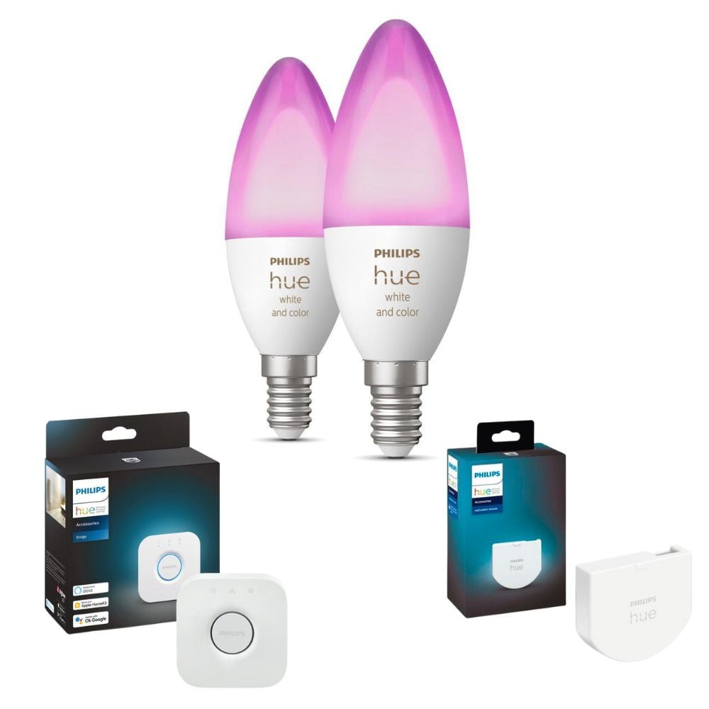 Philips Hue Bluetooth White & Color Ambiance LED E14 5,3W 470lm Doppelpack inkl. Bridge und Wandschaltermodul