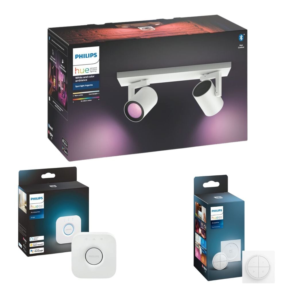 Philips Hue Bluetooth White & Color Ambiance Argenta - Spot Wei 2-flammig inkl. Bridge und Tap Dial Schalter
