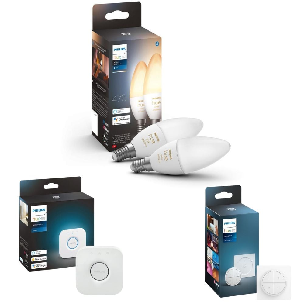 Philips Hue Bluetooth White Ambiance LED E14 5,2W 470lm Doppelpack inkl. Bridge und Tap Dial Schalter