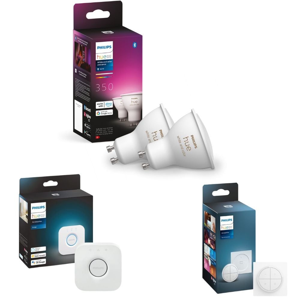 Philips Hue Bluetooth White & Color Ambiance LED GU10 5,7W 350lm Doppelpack inkl. Bridge und Tap Dial Schalter